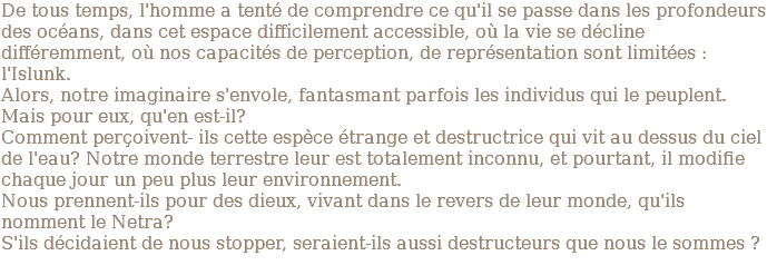 De tous temps, l'homme a tenté de comprendre ce qu'il se passe dans les profondeurs des océans, dans cet espace difficilement accessible, où la vie se décline différemment, où nos capacités de perception, de représentation sont limitées : l'Islunk. Alors, notre imaginaire s'envole, fantasmant parfois les individus qui le peuplent. Mais pour eux, qu'en est-il? Comment perçoivent- ils cette espèce étrange et destructrice qui vit au dessus du ciel de l'eau? Notre monde terrestre leur est totalement inconnu, et pourtant, il modifie chaque jour un peu plus leur environnement. Nous prennent-ils pour des dieux, vivant dans le revers de leur monde, qu'ils nomment le Netra? S'ils décidaient de nous stopper, seraient-ils aussi destructeurs que nous le sommes ? 