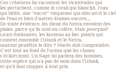 Ces créatures lui racontent les vicissitudes qui les perturbent, comme le corail qui blanchit, l’eau qui tiédit, une ''encre'' visqueuse qui obscurcit le ciel de l'eau et bien d’autres drames encore... De toute évidence, les dieux du Netra envoient des plaies, parce qu’ils sont en colère. Mais pourquoi? Leurs émissaires, les korzenn au bec pointu qui cousent ensemble l’Islunk et le Netra, sauront peutêtre le dire ? Marès doit comprendre. C’est tout au fond de l’océan que les choses s’éclairciront. Un Sage lui parlera des hommes, cette espèce qui n’a pas de nom dans l’Islunk, et qu'il faut stopper, à tout prix.