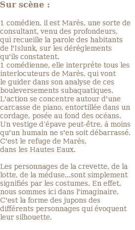 Sur scène : 1 comédien, il est Marès, une sorte de consultant, venu des profondeurs, qui recueille la parole des habitants de l'Islunk, sur les dérèglements qu'ils constatent. 1 comédienne, elle interprète tous les interlocuteurs de Marès, qui vont le guider dans son analyse de ces bouleversements subaquatiques. L'action se concentre autour d'une carcasse de piano, entortillée dans un cordage, posée au fond des océans. Un vestige d’épave peut-être, à moins qu'un humain ne s'en soit débarrassé. C'est le refuge de Marès, dans les Hautes Eaux. Les personnages de la crevette, de la lotte, de la méduse...sont simplement signifiés par les costumes. En effet, nous sommes ici dans l'imaginaire. C'est la forme des jupons des différents personnages qui évoquent leur silhouette. 